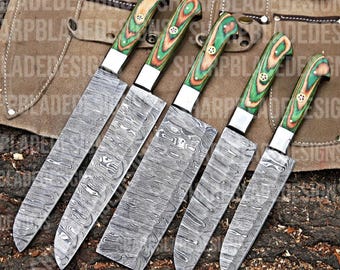5Pcs Custom Hand forged Kitchen tool, Damascus steel chef knifes, BBQ Gift for mother,