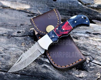 Canivetes de bolso dobráveis personalizados, forjados à mão em aço Damasco, para camping. Coleção de presentes exclusivos.