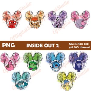 May include: Digital art prints of characters from the movie Inside Out, each character is depicted in a watercolor style with a Mickey Mouse ear silhouette. The characters include Joy, Sadness, Anger, Fear, and Disgust.