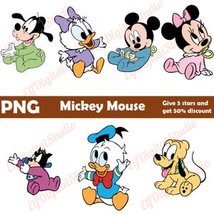 May include: A set of six cartoon baby characters from the Mickey Mouse franchise. The characters include Mickey Mouse, Minnie Mouse, Donald Duck, Goofy, Pluto, and Daisy Duck. Each character is wearing a baby outfit and has a cute expression on their face.