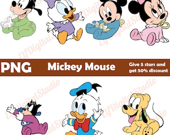 Bebé Mickey Mouse Friends png, paquete de bebé Mickey Mouse de Disney png, bebé Minnie, Daisy, Goofy, Pluto, Donald Head png, Familia Disney png