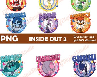Paquete PNG de emociones de Inside Out 2, clipart de Disney Pixar, descarga digital de dibujos animados de Inside Out, ira, alegría, ansiedad, envidia, disgusto, película para niños PNG