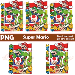 May include: Five colourful digital illustrations of Super Mario characters. Each illustration features a different character, including Super Mario, Luigi, Yoshi, Toad, and Bowser. The text "SUPER DADDY", "SUPER BROTHER", "SUPER SISTER", "SUPER MOMMY", and "SUPER MARIO" is displayed on each illustration.