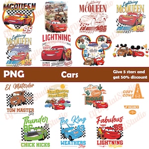 Puede incluir: Una colección de 10 diseños digitales con personajes de la franquicia de películas Cars. Los diseños incluyen Rayo McQueen, Mate, Chick Hicks y más. Los diseños son perfectos para crear camisetas, tazas, bolsas de mano y otros artículos personalizados.