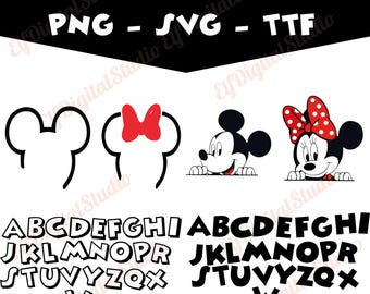 Paquete de fuentes SVG con letras del alfabeto de Mickey en capas, alfabeto de Mickey ttf, cabeza de Mickey y Minnie Mouse PNG, Mickey y Minnie Mouse de Disney Png