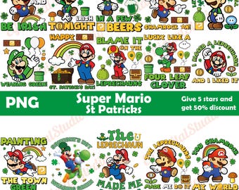 Paquete de más de 15 imágenes PNG de San Patricio de Super Mario, imágenes PNG de San Patricio del juego Super Mario, paquete de imágenes PNG de duende irlandés con sublimación verde de Super Mario