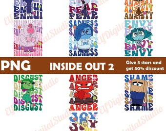 Paquete PNG de Inside Out 2 / Imágenes prediseñadas de emociones de dibujos animados / Descarga digital / Alegría, ira, ansiedad, vergüenza y más / Fondo transparente
