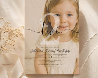 Minimalist Second Birthday Photo Invitation | Editable Canva Template (Digital Download)