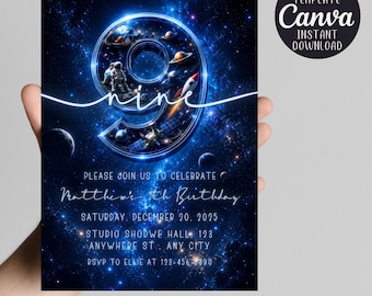 Space 9th Birthday Invitation | Astronaut Galaxy Invite | Editable Canva Template Boy Outer Space Party Printable