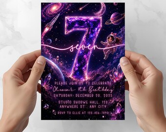 Space 7th Birthday Invitation Galaxy Astronaut Birthday Invite | Editable Canva Template | Girls Space Party Printable