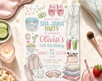 May include: A rectangular invitation card for a spa-jama party featuring illustrations of slippers, a robe, a foot bath, popcorn, a makeup bag, and pillows. The text reads: JOIN US FOR A SPA-JAMA PARTY TO CELEBRATE Olivia's 5TH BIRTHDAY MAY 14 2028.