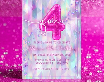 4th Birthday Invitation Girl Pink – Editable Canva Template, Glitter Balloon Birthday Invite, Pink Birthday Party Invitation Printable