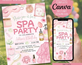 Spa Birthday Invitation | Girls Sleepover, Beauty Party (Editable Canva Template)