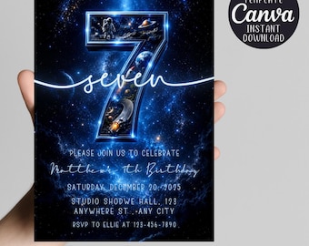 Space 7th Birthday Invitation | Astronaut Galaxy Invite | Editable Canva Template | Boy Outer Space Party Printable