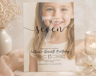 Minimalist 7th Birthday Invitation | Photo, Modern Canva Template (Digital Download)