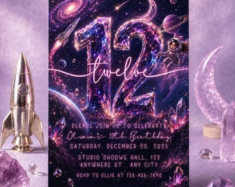 Space 12th Birthday Invitation | Galaxy Astronaut Girl Invite | Editable Canva Template | Pink Outer Space Party Printable