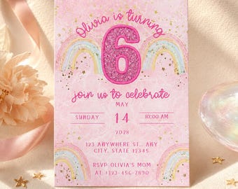 Glitter Rainbow 6th Birthday Invitation | Pink Pastel Canva Template