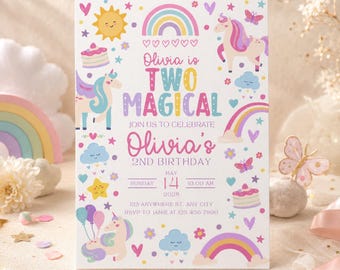 Unicorn 2nd Birthday Invitation | Pastel Rainbow Canva Template (Printable)