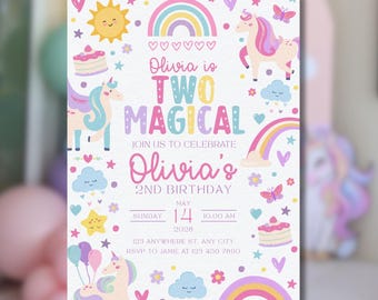 ユニコーンの2歳の誕生日招待状｜パステルレインボーCanvaテンプレート（印刷可能）