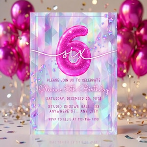 Inbjudan till 6-årsdagsflicka rosa – redigerbar Canvas-mall, födelsedagsinbjudan med glitterballong, utskrivbar holografisk rosa festinbjudan