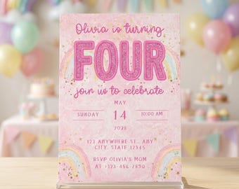 パステルレインボーの誕生日招待状｜4歳になる女の子｜ピンクのグリッター｜編集可能なCanvaテンプレート