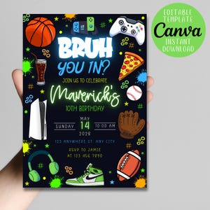K&ouml;nnte beinhalten: Eine schwarze Einladung mit Illustrationen von Basketball, Pizzast&uuml;ck, Baseball und Football. Der Text lautet "BRUH YOU IN?" und "Maverick's 10. Geburtstag." Enth&auml;lt den Text "EDITABLE TEMPLATE Canva SOFORT-DOWNLOAD."