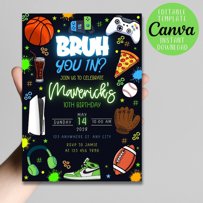 K&ouml;nnte beinhalten: Eine schwarze Einladung mit Illustrationen von Basketball, Pizzast&uuml;ck, Baseball und Football. Der Text lautet "BRUH YOU IN?" und "Maverick's 10. Geburtstag." Enth&auml;lt den Text "EDITABLE TEMPLATE Canva SOFORT-DOWNLOAD."