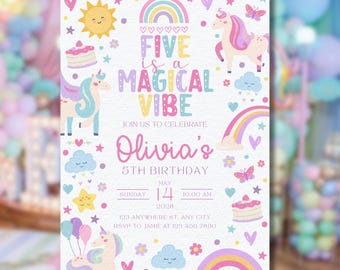 マジカルユニコーンの5歳の誕生日招待状｜レインボーパーティー（編集可能なCanvaテンプレート）