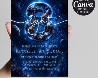 Space 8th Birthday Invitation | Astronaut Galaxy Invite | Editable Canva Template | Boy Outer Space Party Printable