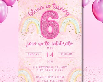 キラキラレインボーの6歳の誕生日招待状｜ピンクパステルCanvaテンプレート