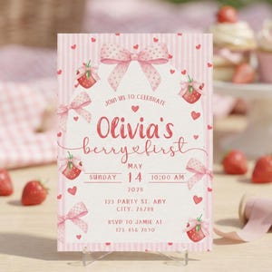 Beere Erste Geburtstagseinladung | Erdbeeren Geburtstag einladen | Bearbeitbare Canva Vorlage | 1.Geburtstag Mädchen | Erdbeer Schleifen Party