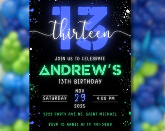 May include: A black birthday invitation with blue and green accents. The design features the number "13" and the word "thirteen" in a stylized font. The invitation reads "Join us to celebrate Andrew's 13th birthday" with the date and time.