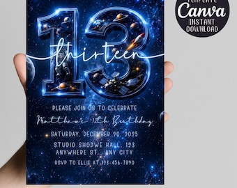 Space 13th Birthday Invitation | Astronaut Galaxy Birthday Invite | Editable Canva Template | Boy Outer Space Party Printable