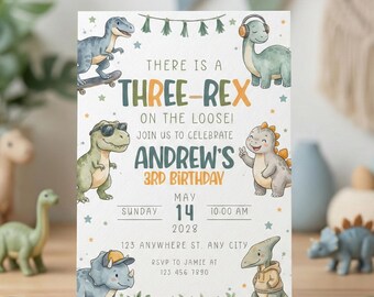 Three Rex Birthday Invitation | Dinosaur Birthday Invite | Editable Canva Template Cute Dino Party | 3rd Birthday Boy Invitation