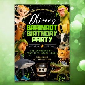 Może przedstawiać: Czarna zaproszenie z tekstem "Oliver's Brainrot Birthday Party" w kolorze zielonym i białym. Zaproszenie zawiera postacie z kreskówek, takie jak małpa, rekin i kot. Data i godzina są również uwzględnione.