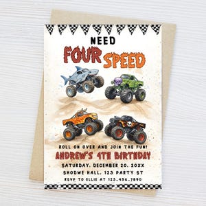 Monster Truck 4. Geburtstagseinladung Junge - Brauchen Sie Vier-Geschwindigkeits-Party einladen, bearbeitbare Canva-Vorlage, LKW-Geburtstagskarte