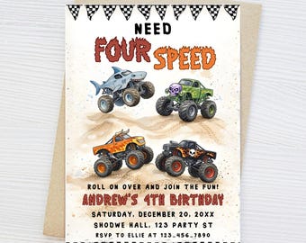 モンスタートラック 4歳の誕生日招待状 男の子用 – Need Four Speed パーティー招待状、編集可能な Canva テンプレート、トラック誕生日印刷可能