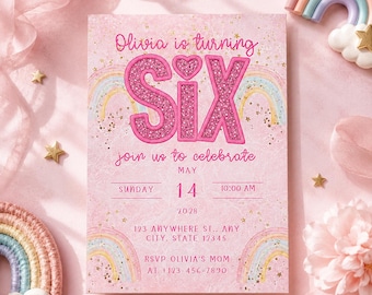 6th Birthday Invitation | Pink Rainbow Sparkle, Editable Canva Template (Digital Download)