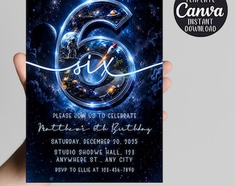 Space 6th Birthday Invitation | Astronaut Galaxy Invite | Editable Canva Template | Boy Outer Space Party Printable