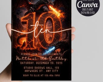 Dragon 10th Birthday Invitation | Fire Dragon Party Invite | Editable Canva Template | Fantasy Birthday Printable | Boy Birthday Invite