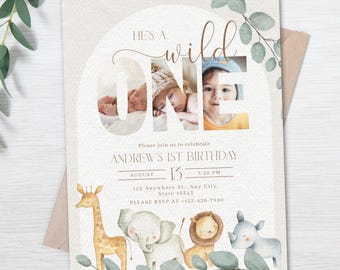 ワイルドワンサファリ1歳の誕生日招待状｜フォトコラージュ、編集可能なCanva（デジタルダウンロード）