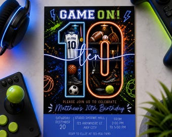 10th Birthday Sports Invitation, Game On Birthday Invite, All Star Sports Party, Editable Canva Template, Football Basketball Soccer