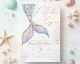 Under the Sea Mermaid Birthday Invitation | Pastel Mermaid Tail Party Invite | Girl Ocean Theme | Editable Canva Template | 5th Birthday