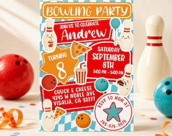 Kids Bowling Birthday Invitation | Pizza Theme (Digital Download)