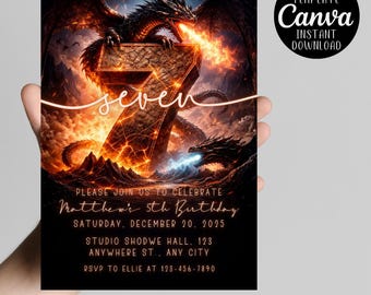 Dragon 7th Birthday Invitation – Epic Fantasy Dragon Party Invite, Fire Dragon Adventure, Editable Canva Template