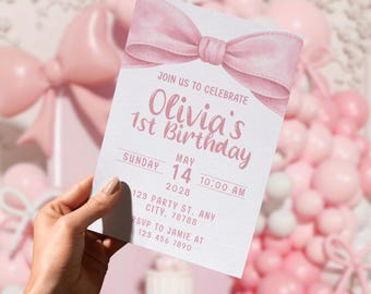 ピンクのリボンの1歳の誕生日招待状 | 女の子の1歳の誕生日招待状 | リボンをテーマにした誕生日 | 編集可能なCanvaテンプレート | ミニマルな女の子のパーティー