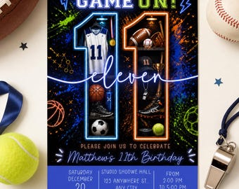 11th Birthday Sports Invitation, Game On Birthday Invite, All Star Sports Party, Editable Canva Template, Football Basketball Soccer