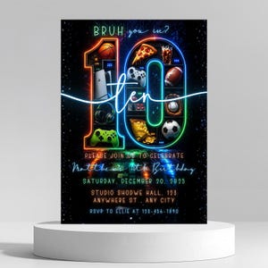 Geburtstagseinladung „Bruh You In“ | Einladung zum 10. Geburtstag für Gamer | Bearbeitbare Canva-Vorlage | Druckbare Einladung zur Videospiel-Sportparty