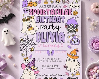 Pastel Halloween Birthday Invitation | Spooktacular Ghost Party (Editable Canva Template)