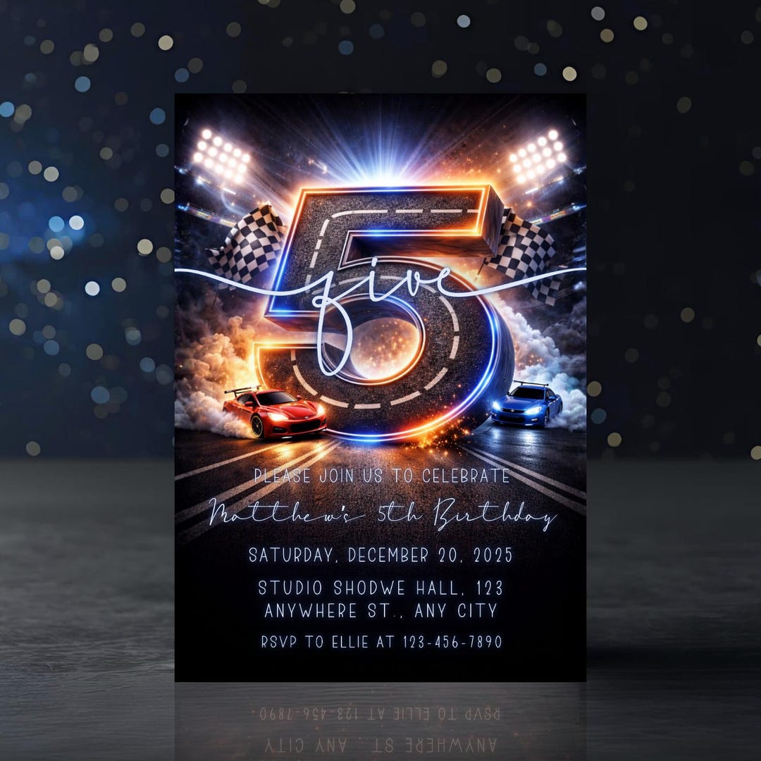 Race Car 5th Birthday Invitation – Fast Racing Party Invite, Sports Car ...
